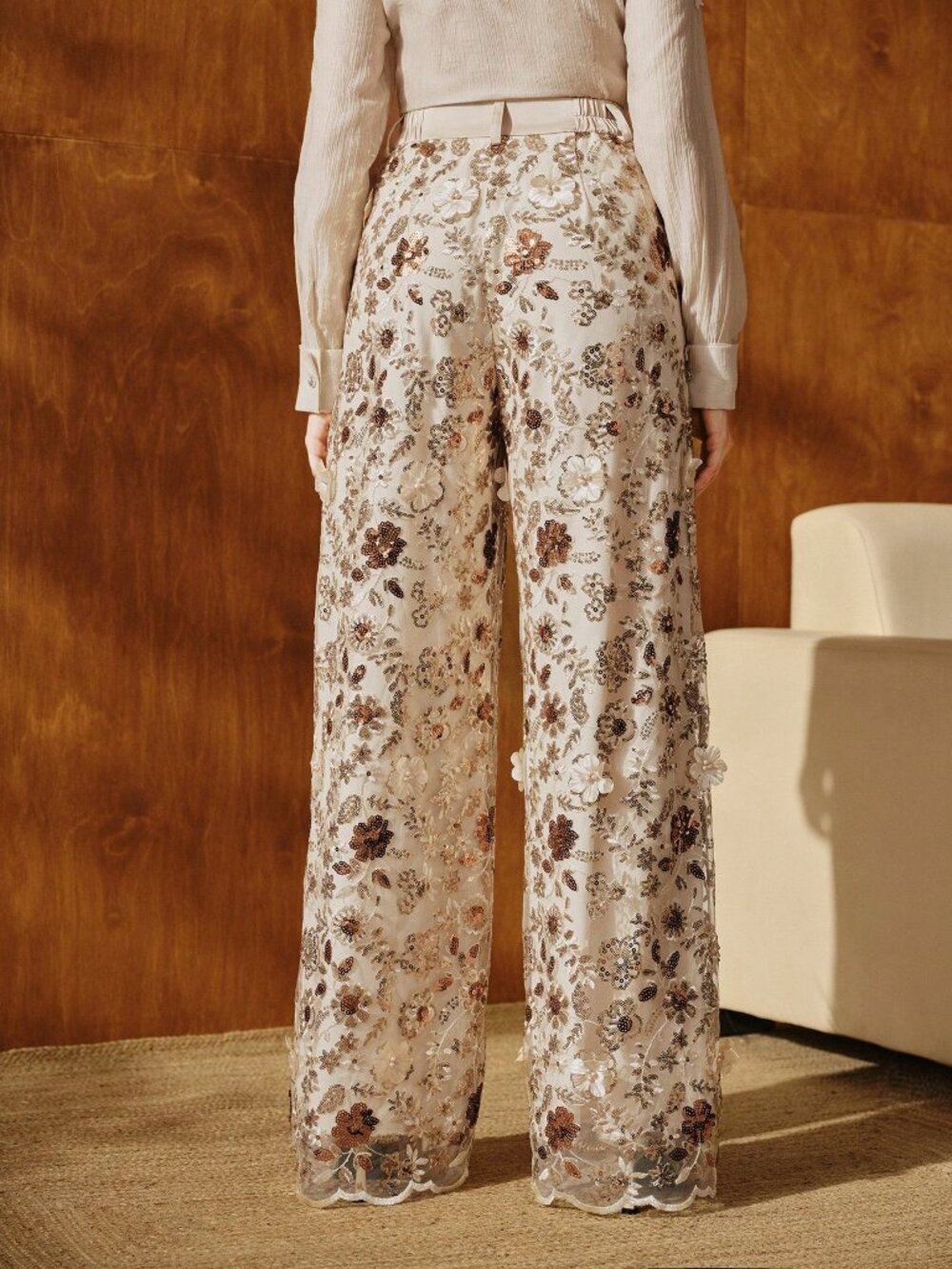 Champagne Elegant Women's Floral Mesh Straight Leg Pants - Picture 2 of 7